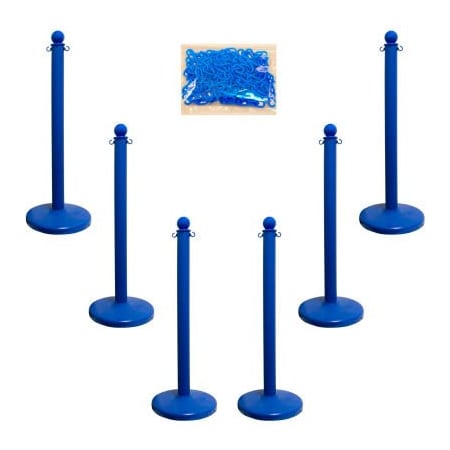 Gec Mr. Chain Medium Duty Plastic Stanchion Kit With 2inx50'L Chain, 40inH, Blue, 6 Pack 71106-6